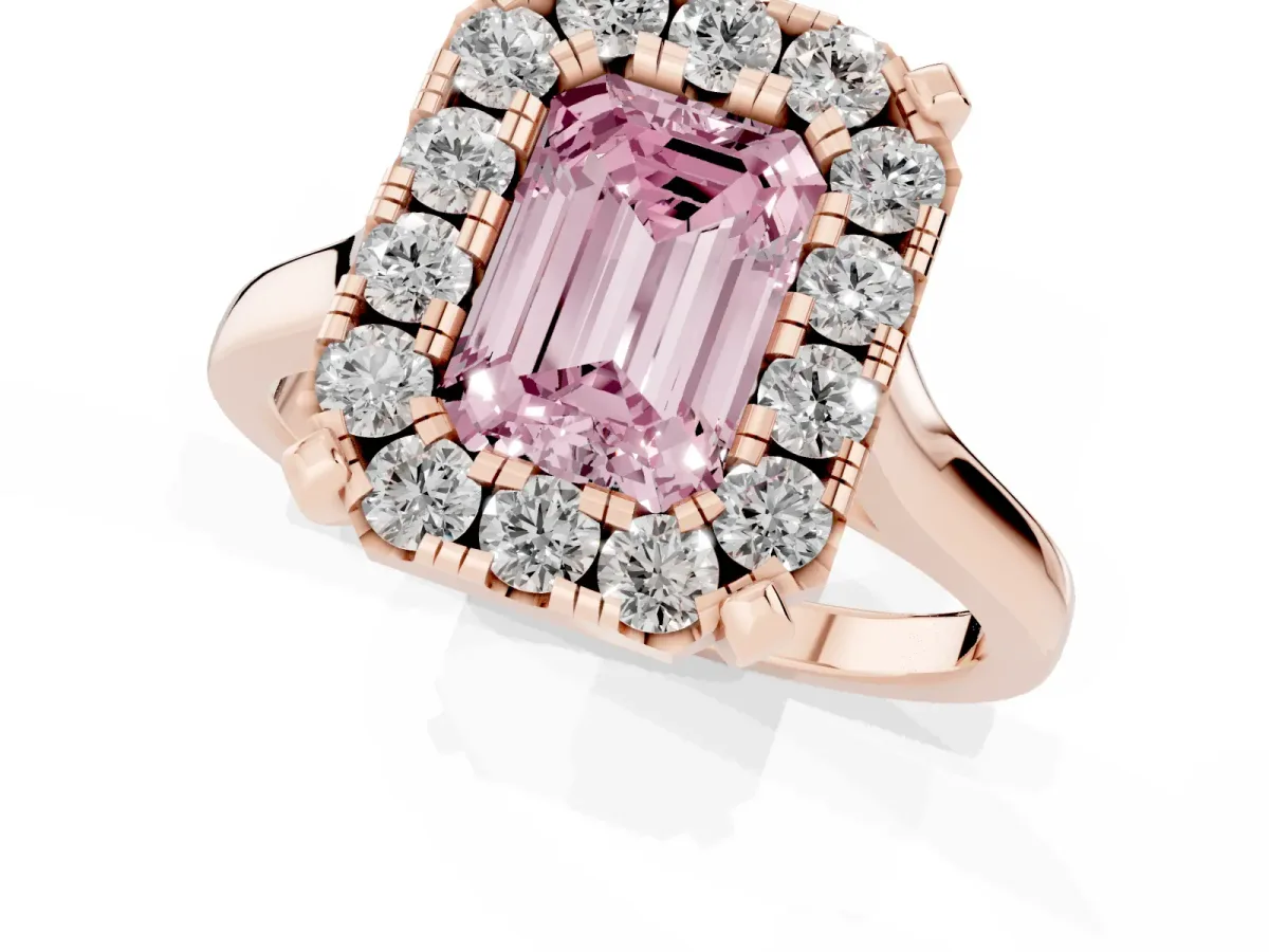 Fancy Pink Emerald Cut Diamond Cluster Halo Solitaire with Four-Prong Setting Rose gold