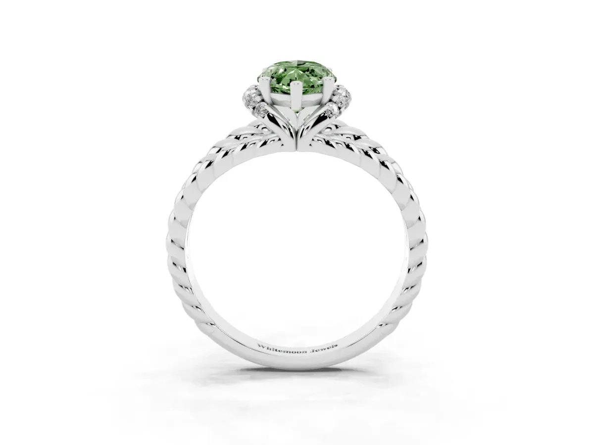 Fancy Green Marquise Cut Halo Twisted Band Four-Prong Ring Silver