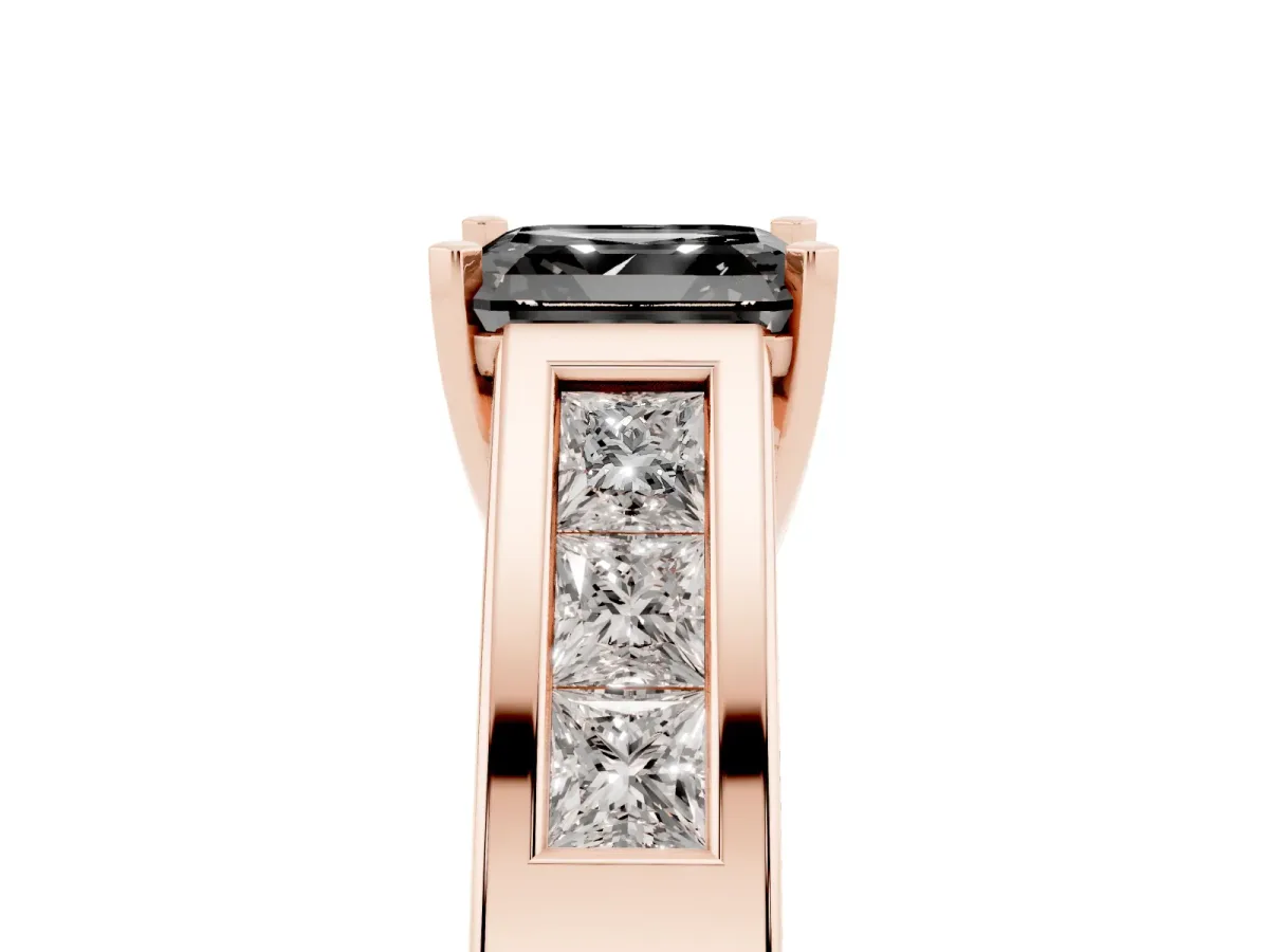 Fancy Black Asscher Cut Cut Channel Set Solitaire Ring with Four-Prong Setting Rose gold
