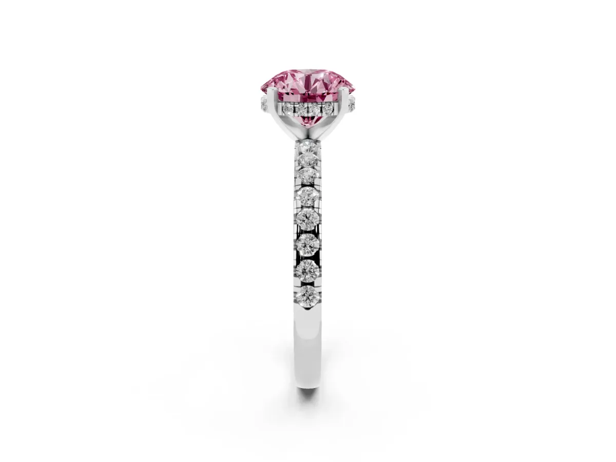 Fancy Pink Round Cut Diamond Solitaire Ring with Round Pavé Band and Four-Prong Setting Silver