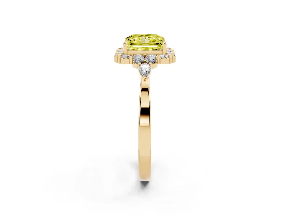 Fancy Yellow Princess Cut Diamond Halo Ring with Pear Side Stones and Prong Setting Yellow gold