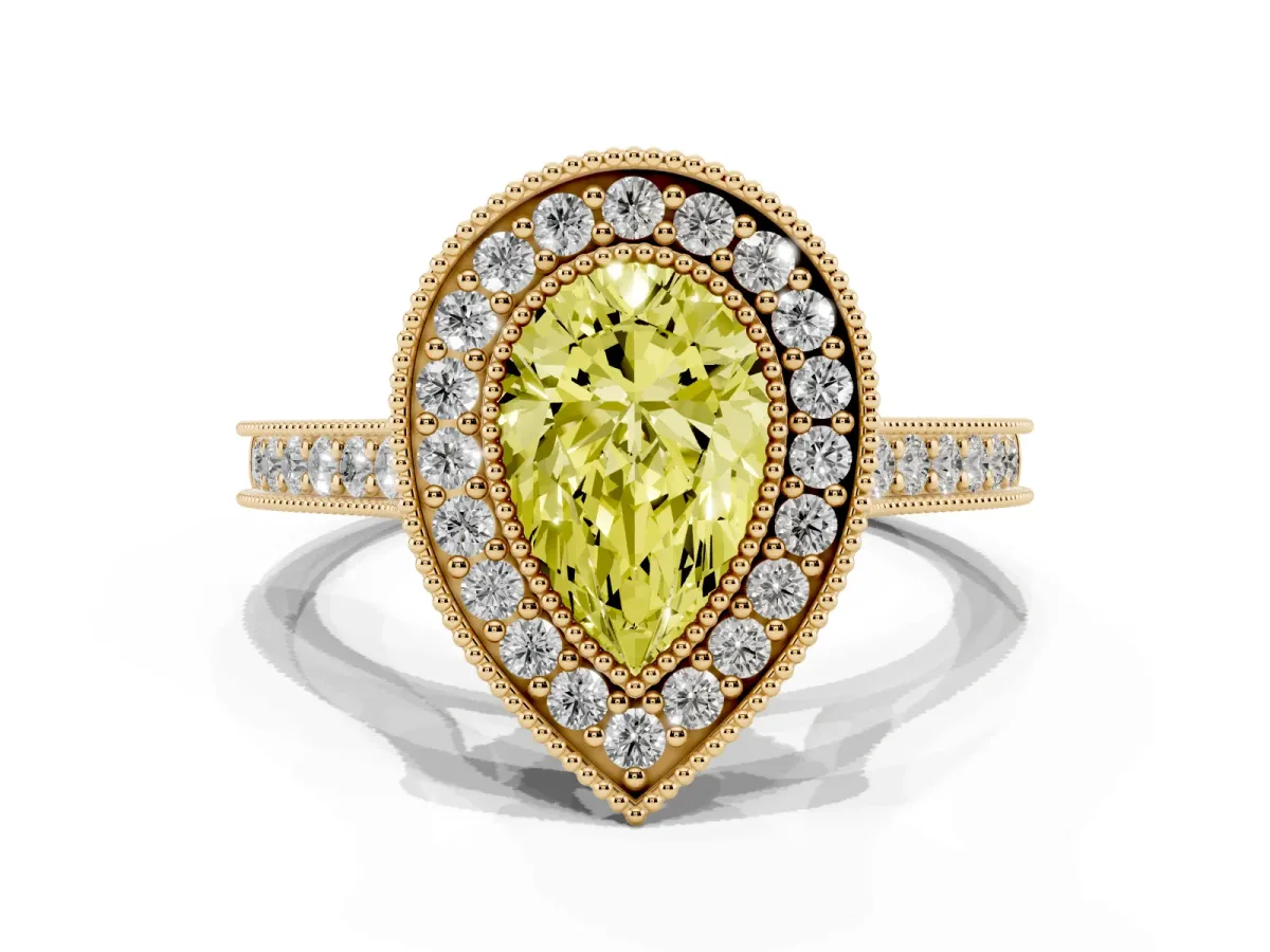 Fancy Yellow Halo Pear Cut-Cut Diamond Pave Band Milgrain Prong Setting Ring Yellow gold