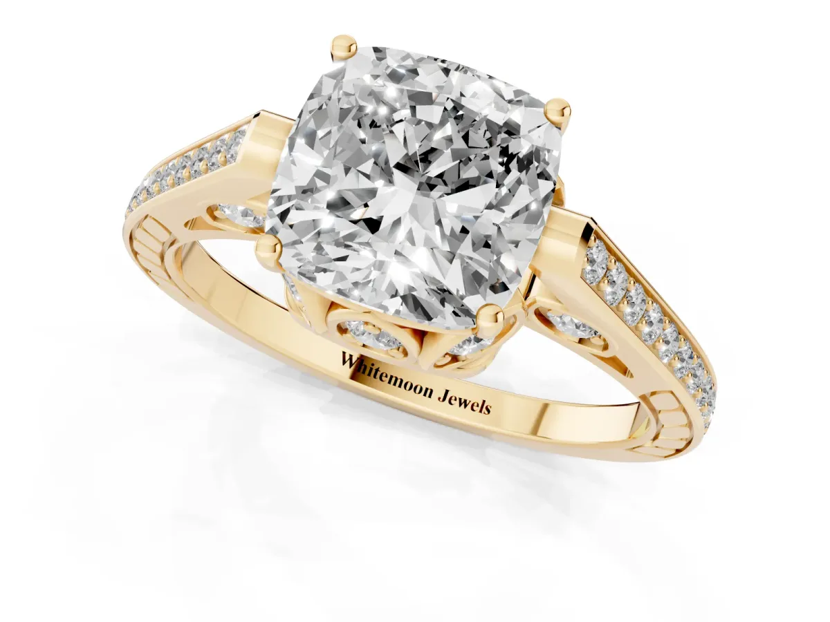 Cushion Cut Cut Cathedral Pave Diamond Engagement Ring with Six-Prong Setting Yellow gold