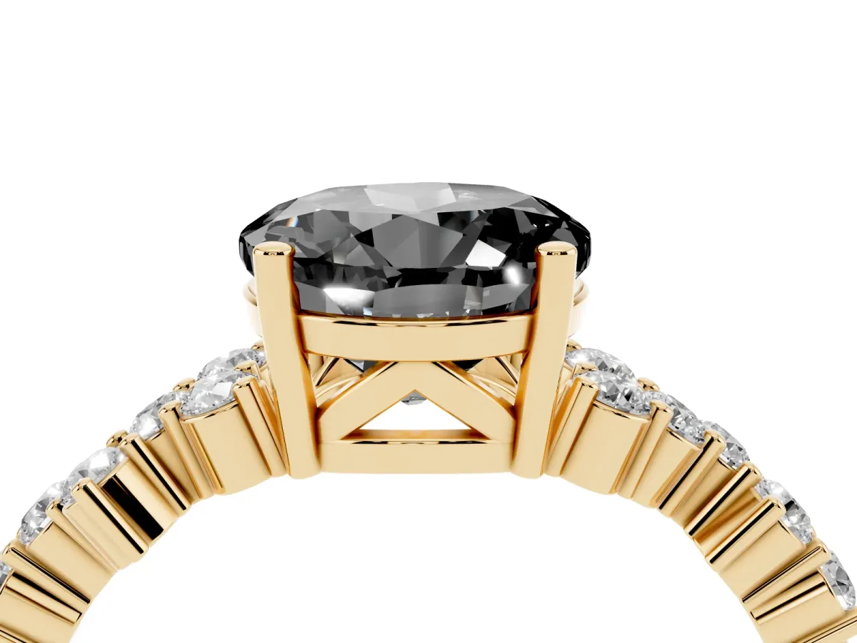 Fancy Black Round Cut Diamond Scattered Round Accent Ring with Prong Setting Yellow gold