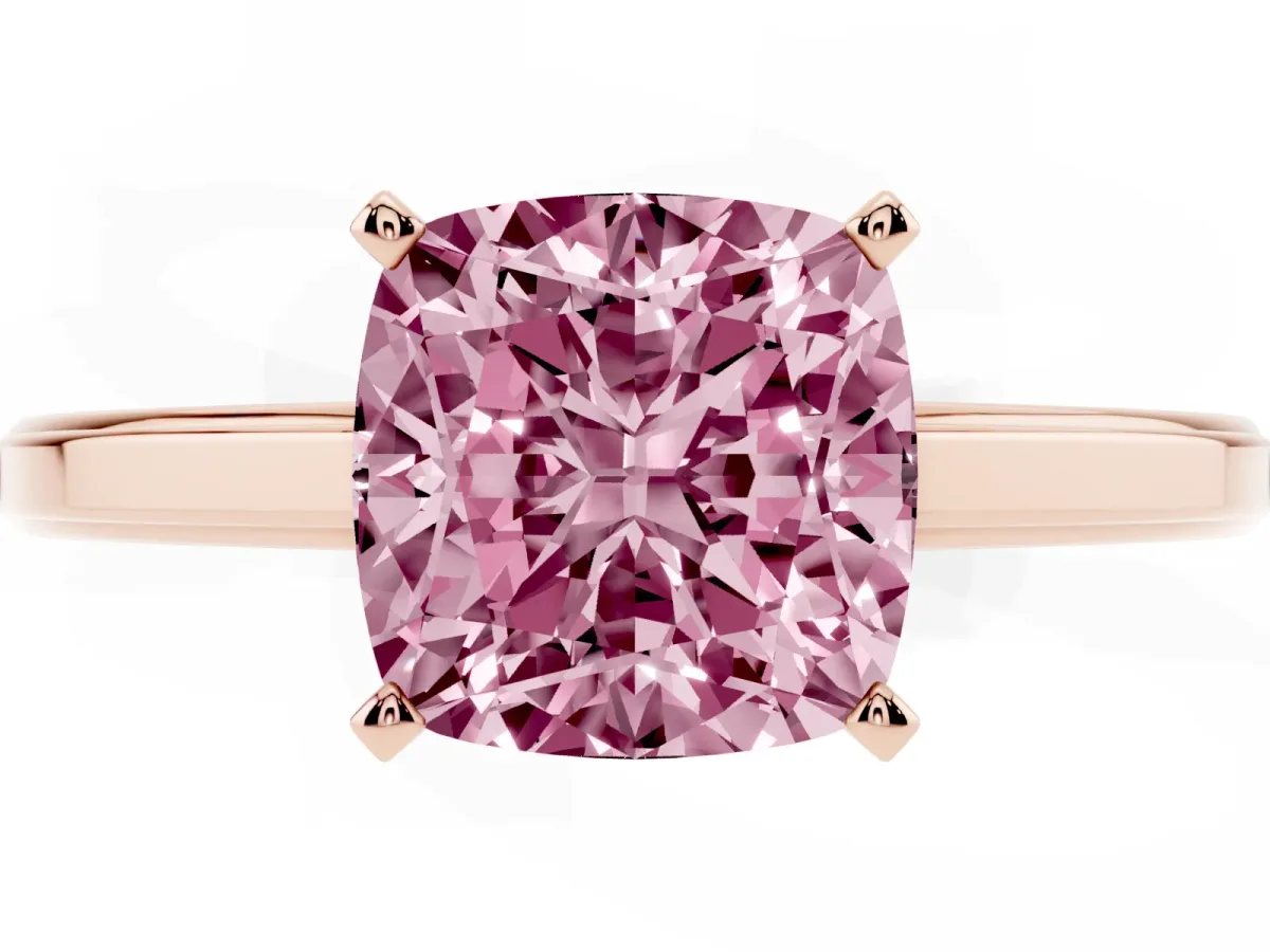 Fancy Pink Cushion Cut Solitaire Diamond Ring with Four-Prong Setting and Classic Band Rose gold