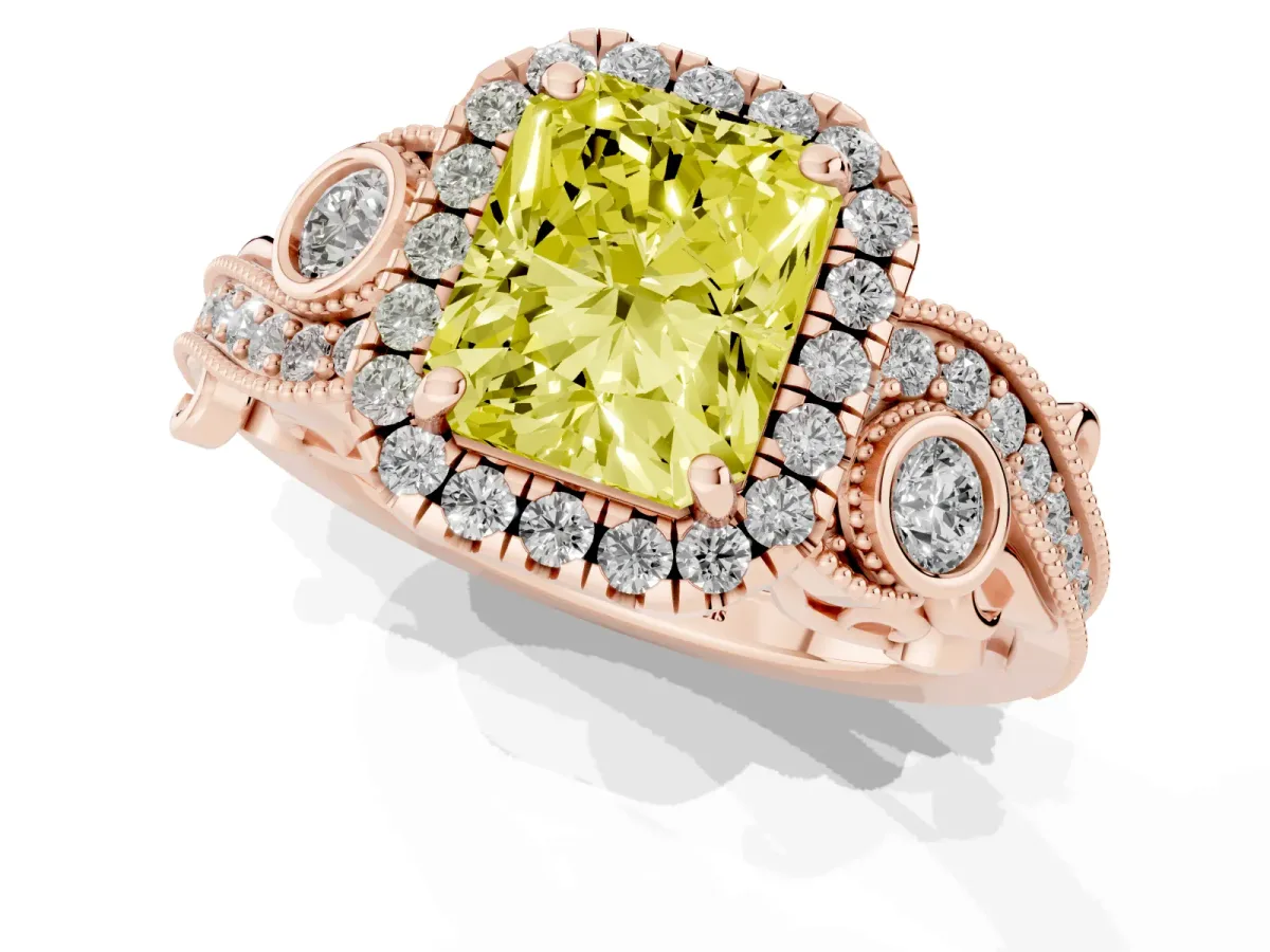 Fancy Yellow Radiant Cut Diamond Halo Ring with Milgrain Pavé Band and Four-Prong Setting Rose gold