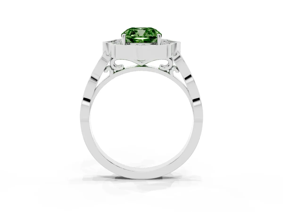 Fancy Green Cushion Cut Halo Diamond Engagement Ring with Milgrain Band and Four-Prong Setting Platinum