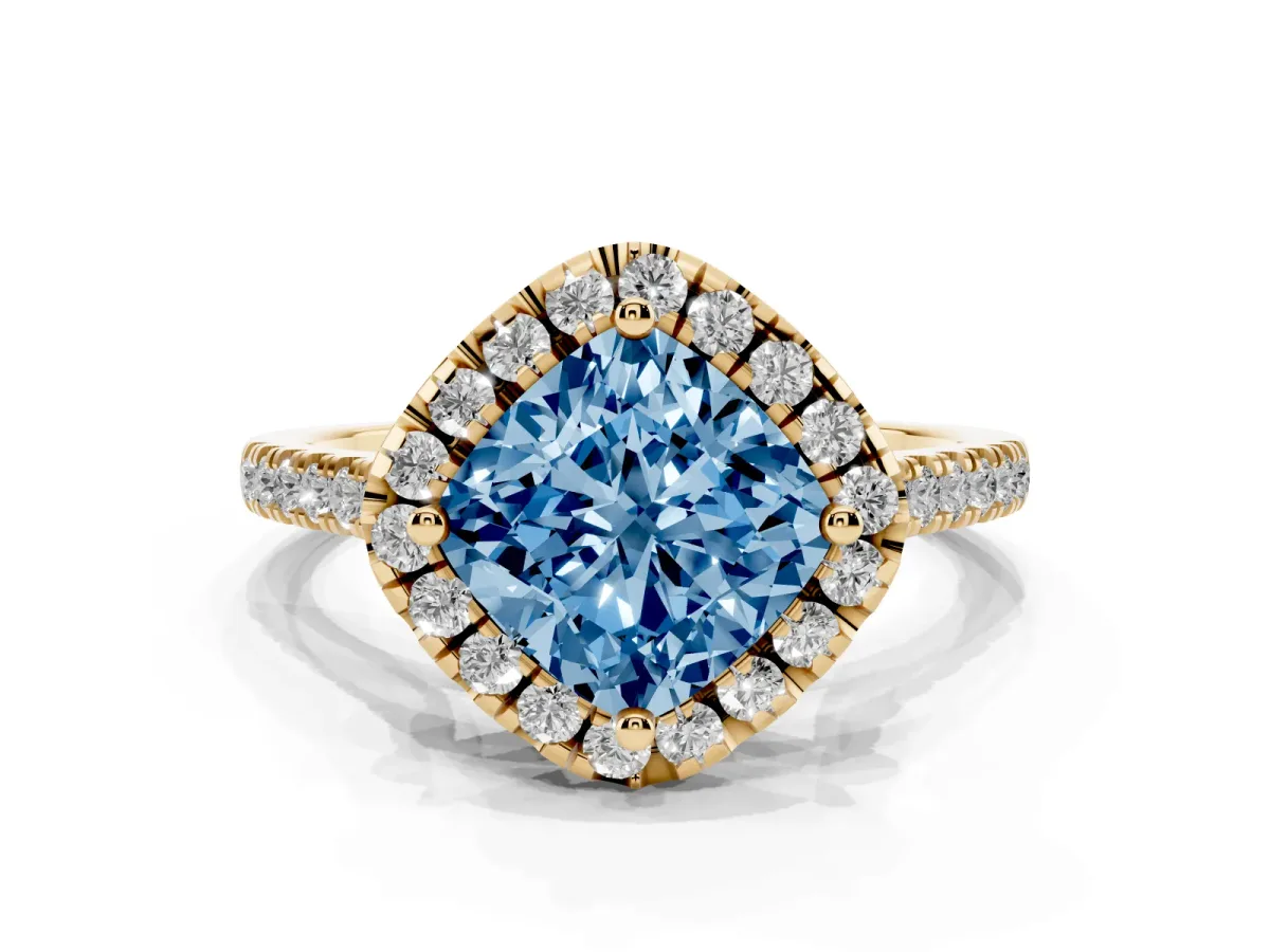 Fancy Blue Cushion Cut Diamond Cushion Halo Ring with Pavé Band Yellow gold