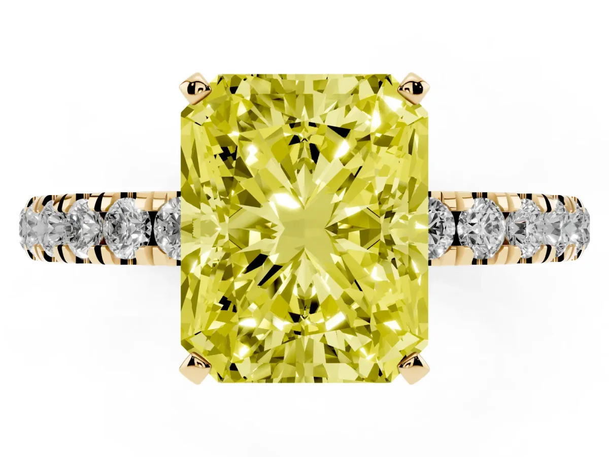 Fancy Yellow Radiant Cut Diamond Solitaire Ring with Pavé Accents and Four-Prong Setting Yellow gold