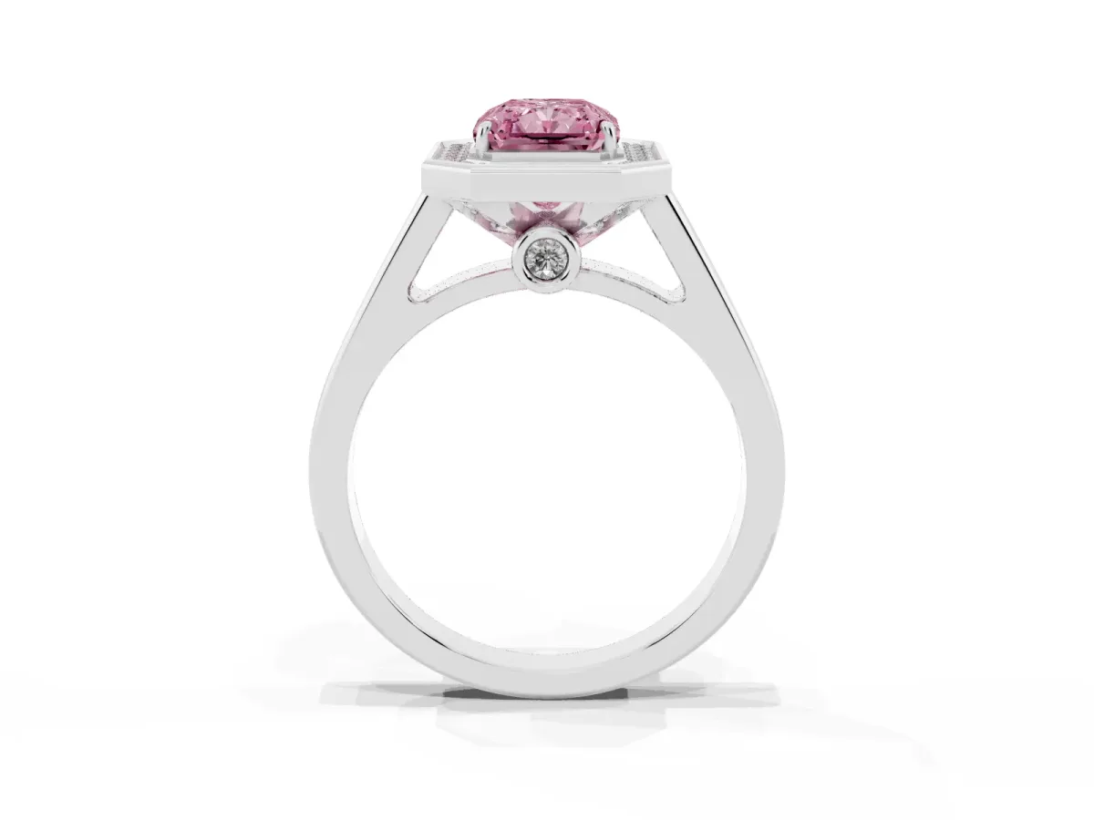 Fancy Pink Radiant Cut Halo Solitaire Diamond Ring with Pave Band and Bezel Setting White gold