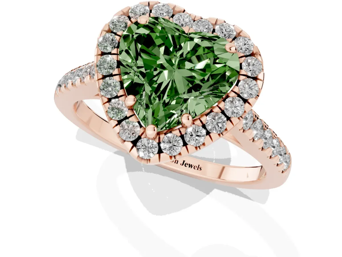 Fancy Green Heart Cut Halo Pavé Diamond Engagement Ring with Four-Prong Setting Rose gold