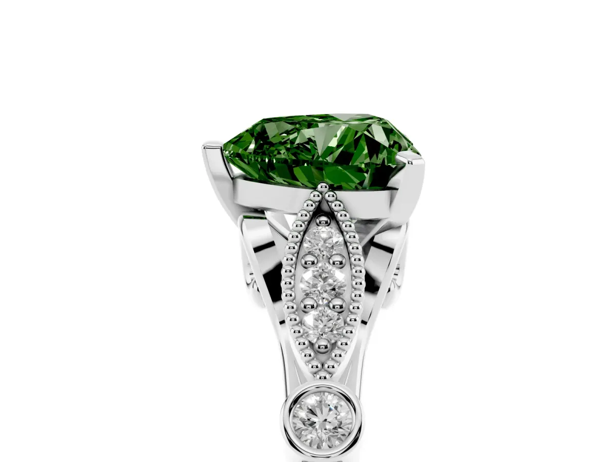 Fancy Green Heart Cut Cut Diamond with Milgrain Marquise and Bezel Accents on a Solitaire Band with Prong Setting Silver