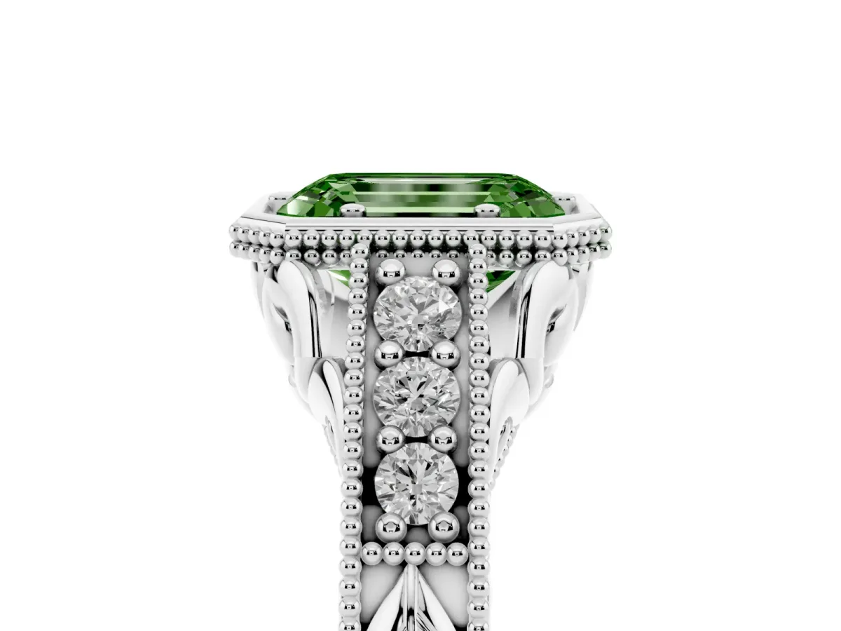 Fancy Green Bezel Set Emerald Cut Diamond Milgrain Pave Engagement Ring Platinum
