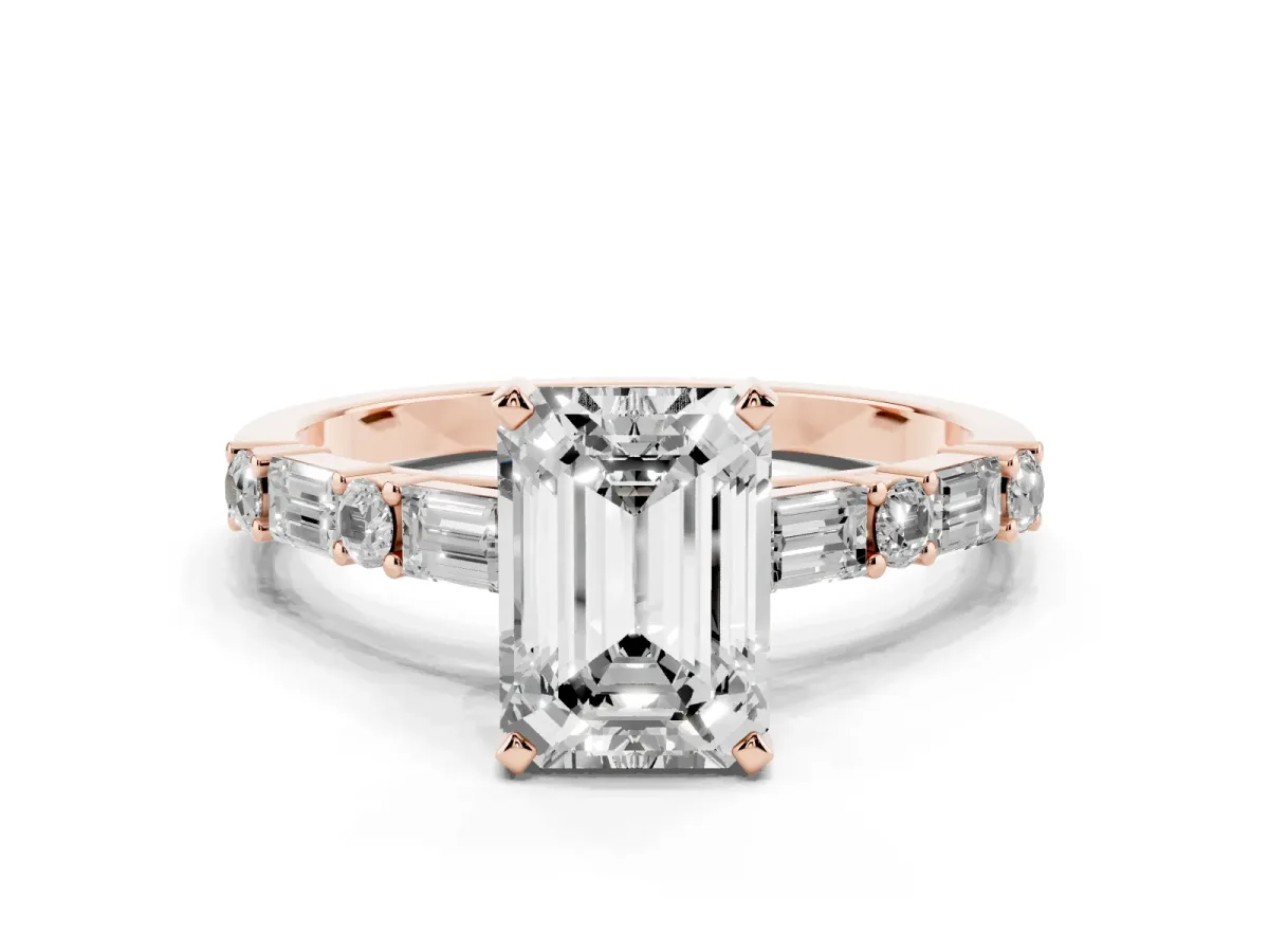 Emerald Cut Diamond Solitaire with Side Baguettes and Channel Set Band Rose gold