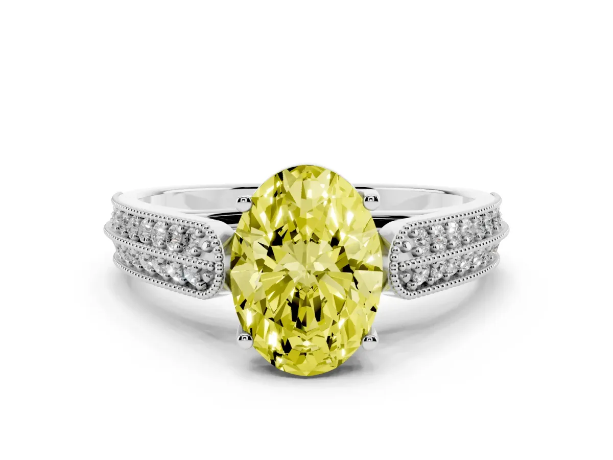 Fancy Yellow Oval Cut Cut Pave Split Shank Engagement Ring with Four-Prong Setting White gold
