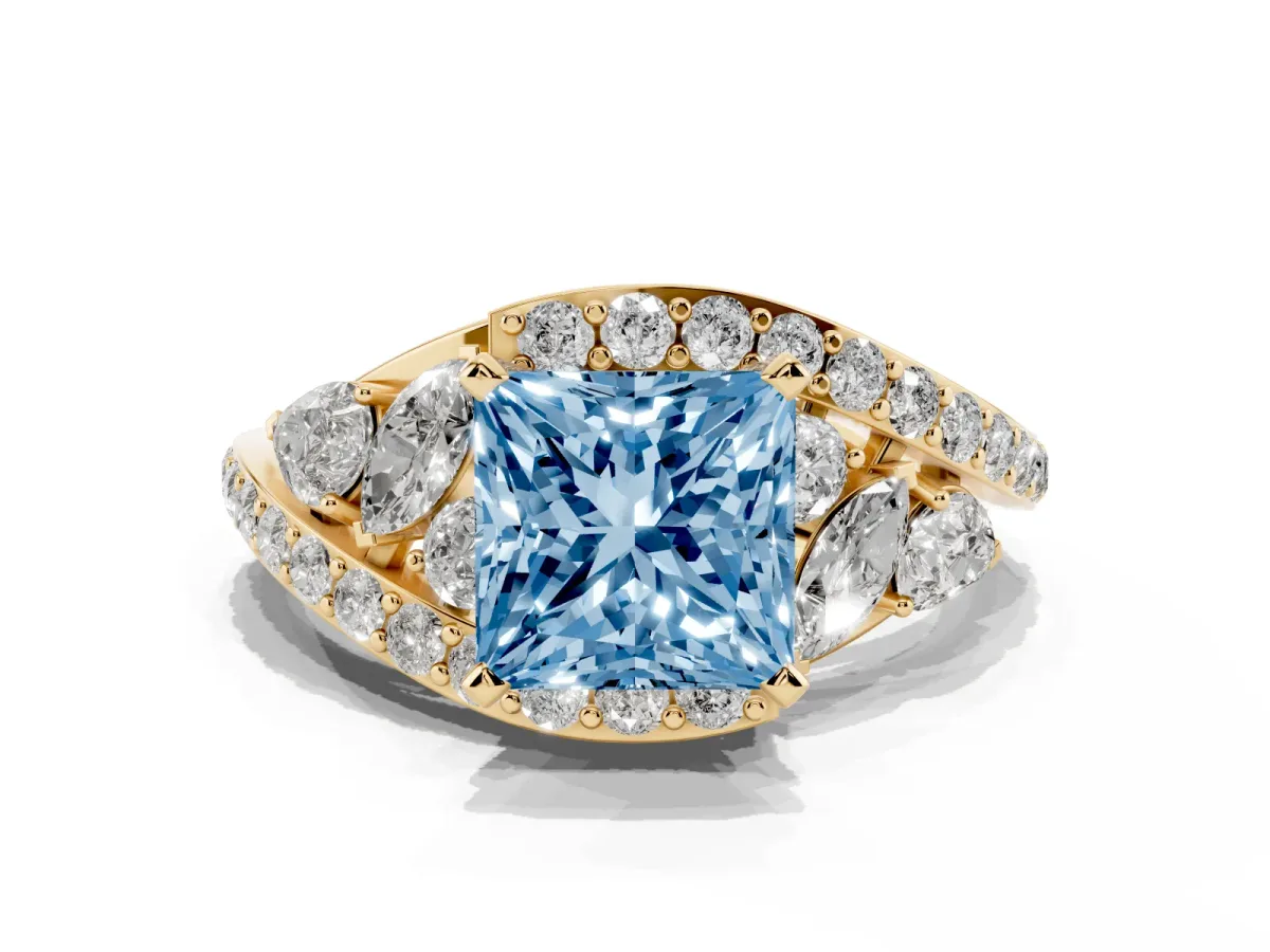 Fancy Blue Princess Cut Diamond Halo Ring with Marquise and Pavé Band in Prong Setting Yellow gold