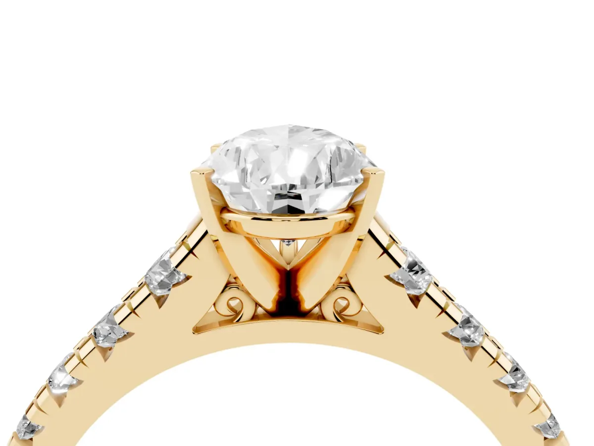 Pear Cut Diamond Cathedral Solitaire Ring with Round Pavé Band Yellow gold