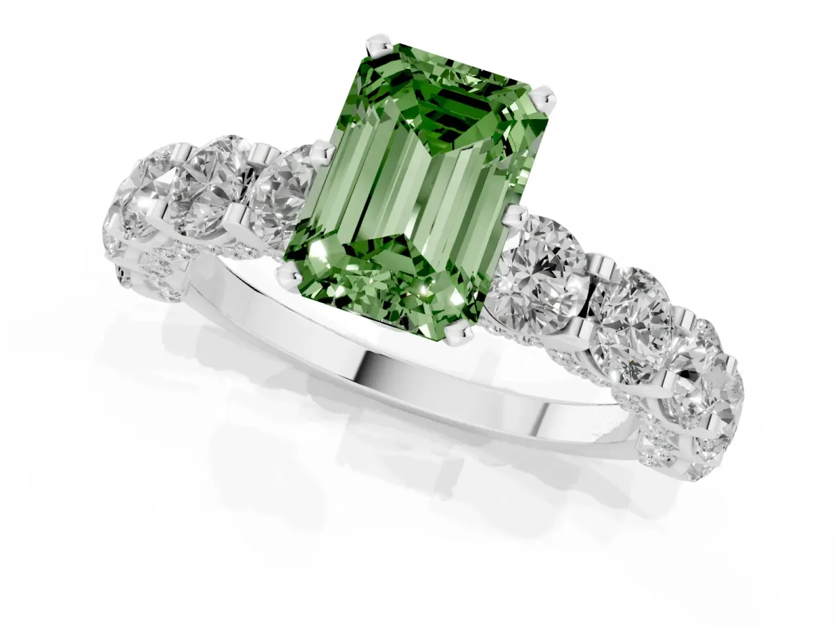 Fancy Green Emerald Cut Diamond Side Stone Engagement Ring with Four-Prong Setting Silver