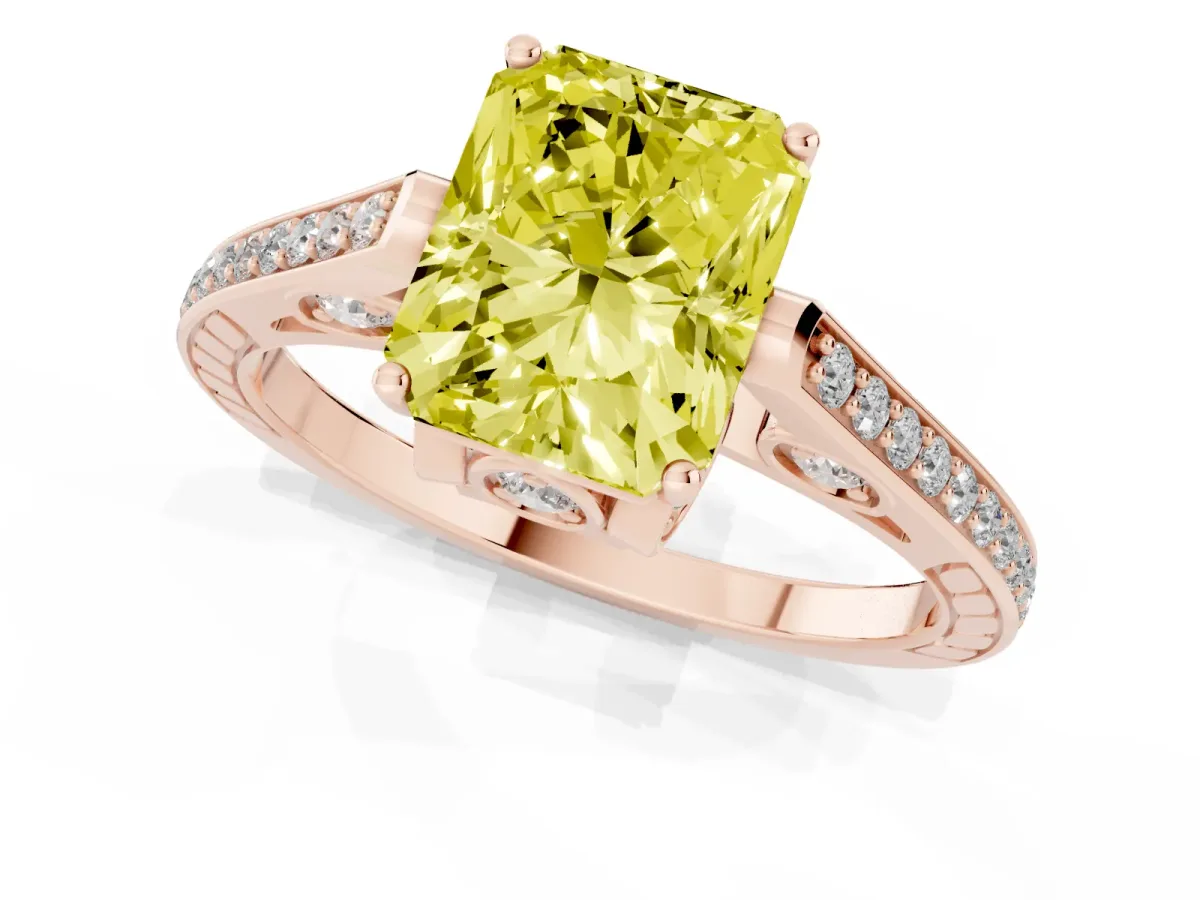 Fancy Yellow Radiant Cut Cut Cathedral Pave Diamond Engagement Ring with Six-Prong Setting Rose gold