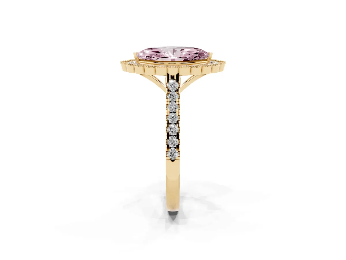 Fancy Pink Marquise Cut Cut Diamond Milgrain Floral Halo Engagement Ring with Pavé Band Yellow gold
