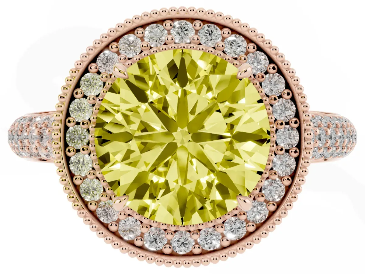 Fancy Yellow Round Cut Cut Halo Diamond Pave Band with Four-Prong Setting Rose gold