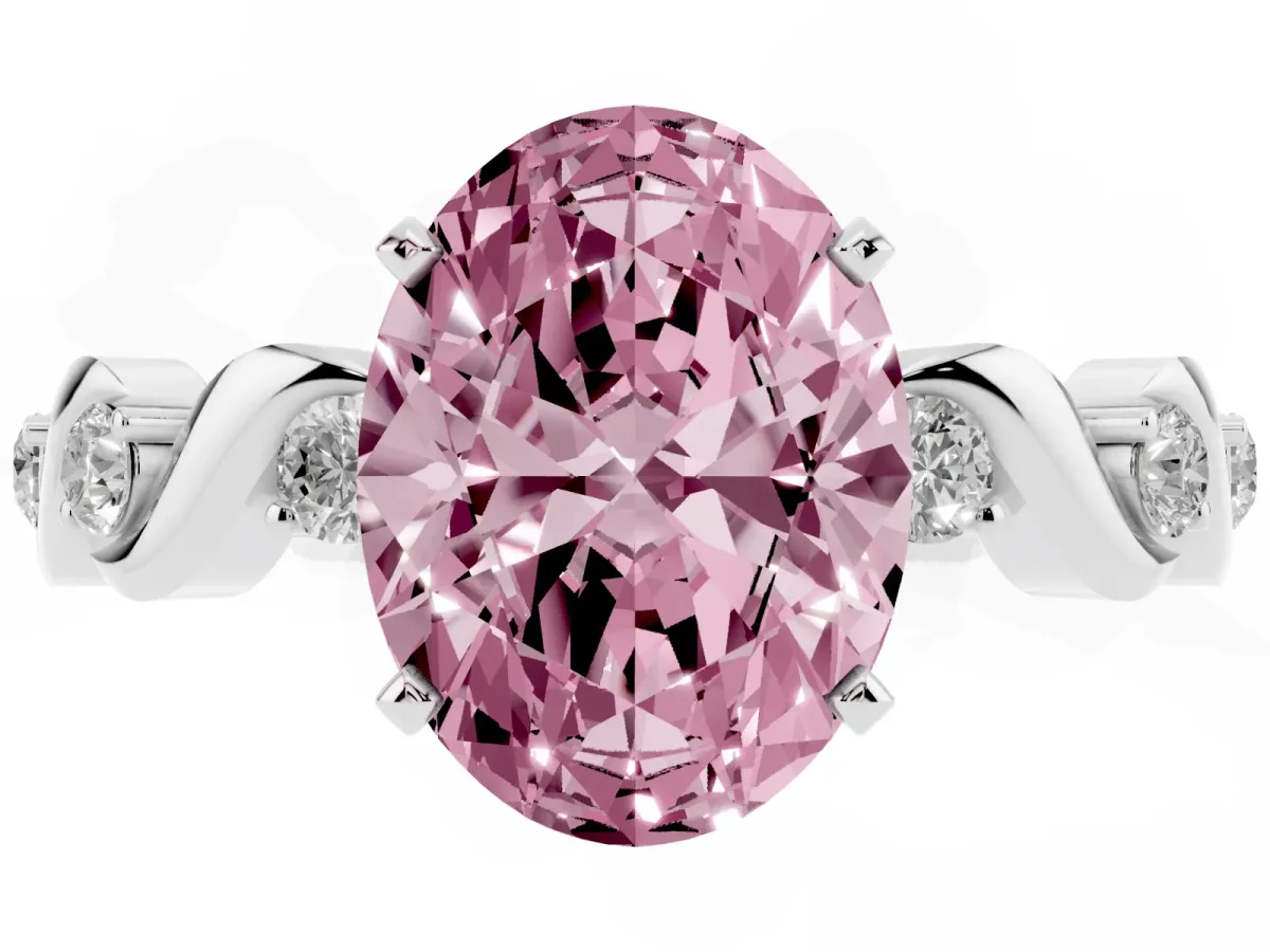 Fancy Pink Oval Cut Diamond Solitaire Twisted Band with Round Accents and Prong Setting Silver