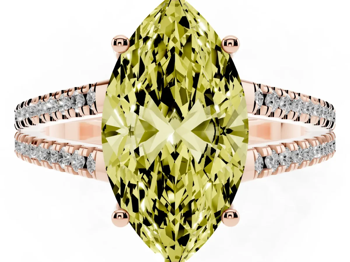 Fancy Yellow Marquise Cut Diamond Solitaire Engagement Ring with Split Shank Pavé Band Rose gold