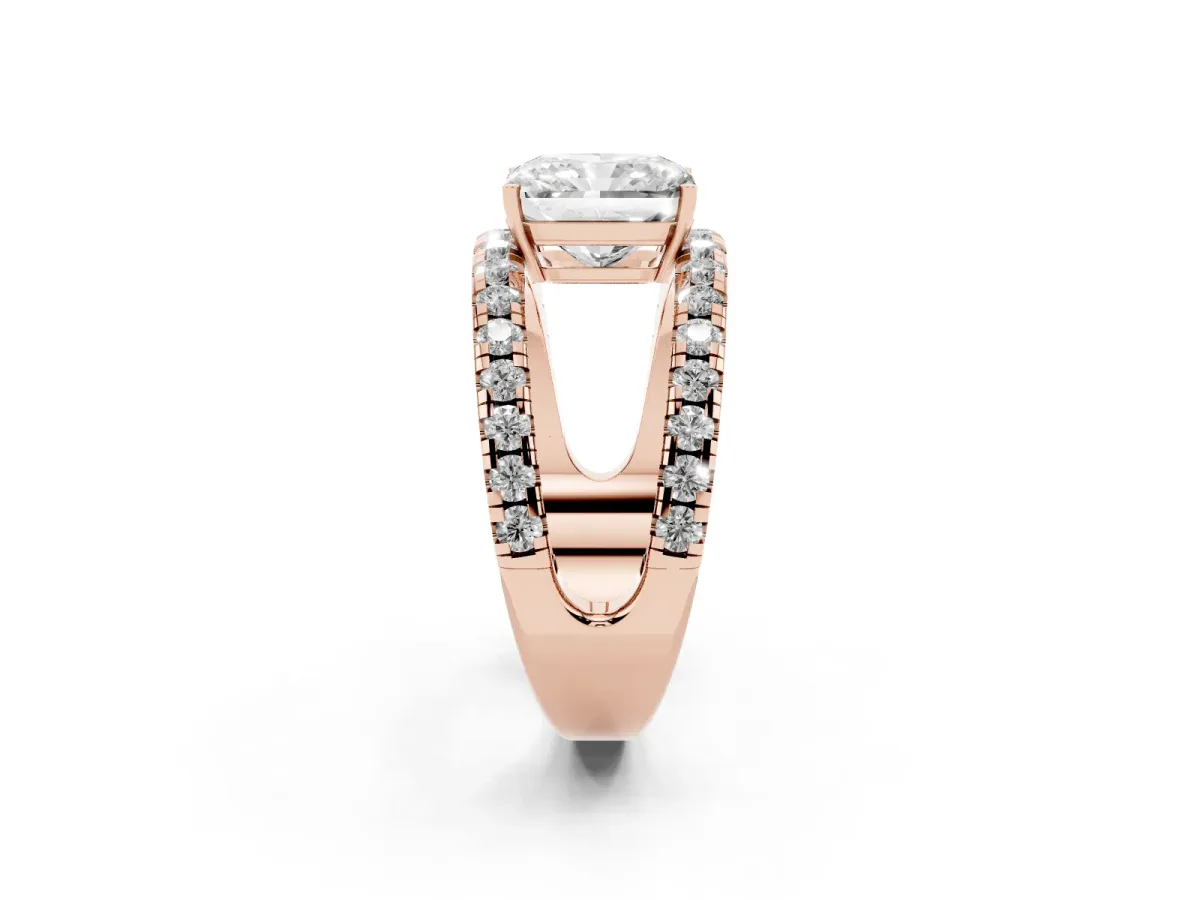 Radiant Cut Solitaire Split Shank Pave Diamond Ring Rose gold