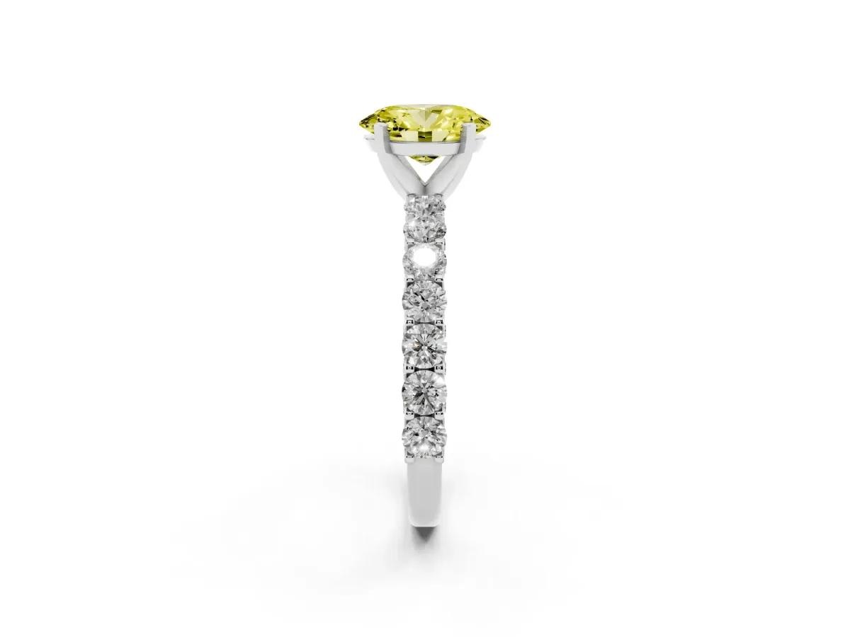Fancy Yellow Oval Cut Diamond Solitaire Ring with Shared Prong Pavé Band and Four-Prong Setting Silver