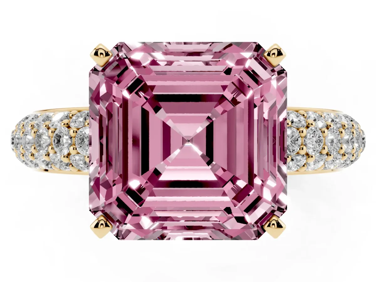 Fancy Pink Asscher Cut Diamond Solitaire Ring with Prong Setting and Pavé Band Yellow gold