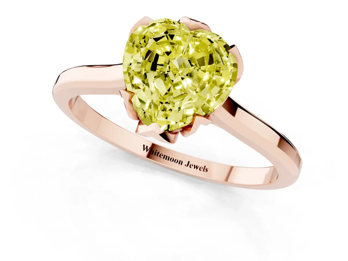 Fancy Yellow Heart Cut Diamond Solitaire Ring with Flower Prong Setting and Classic Band Rose gold
