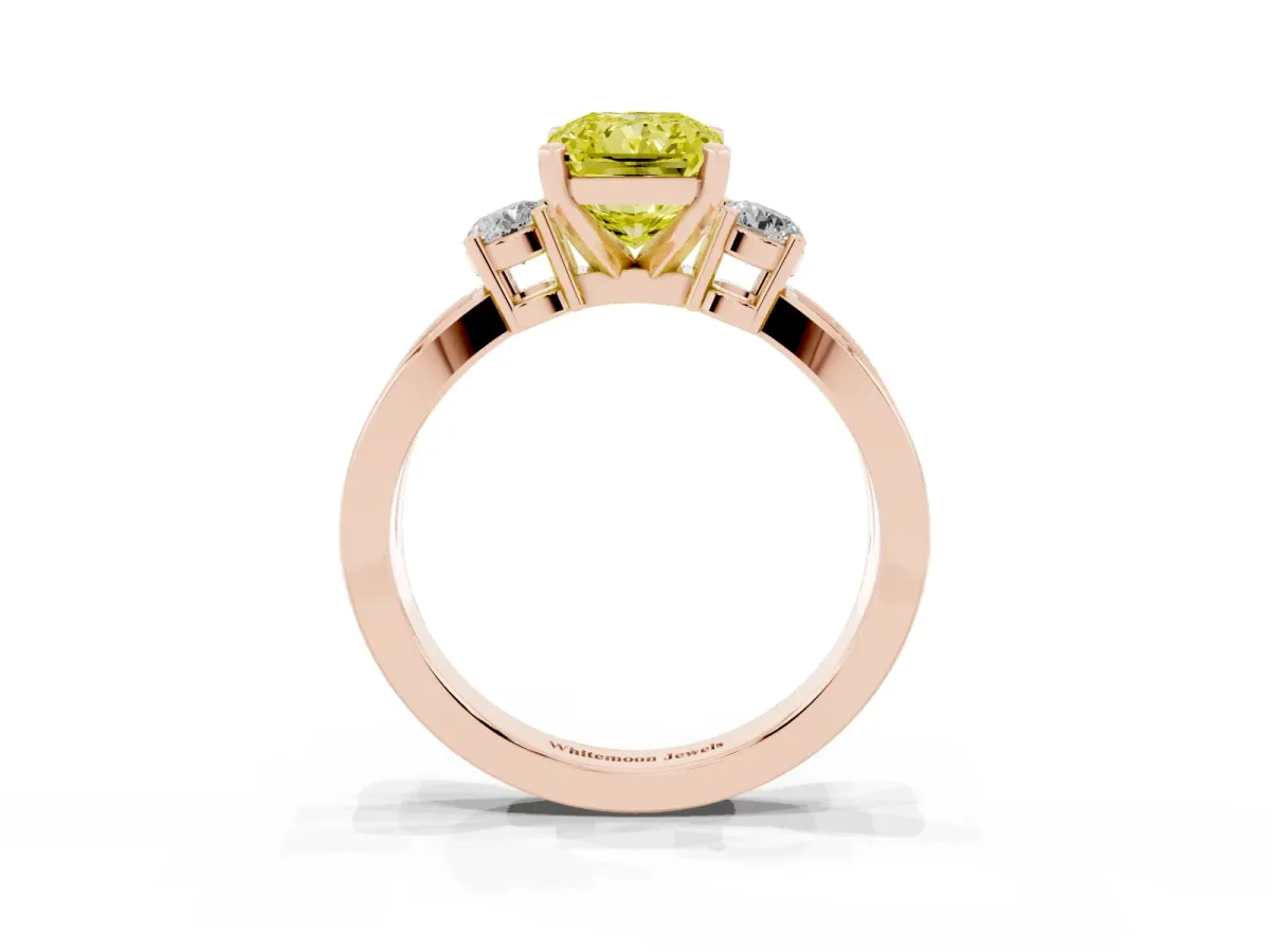 Fancy Yellow Three-Stone Radiant Cut Cut Diamond Twist Band with Prong Setting Rose gold