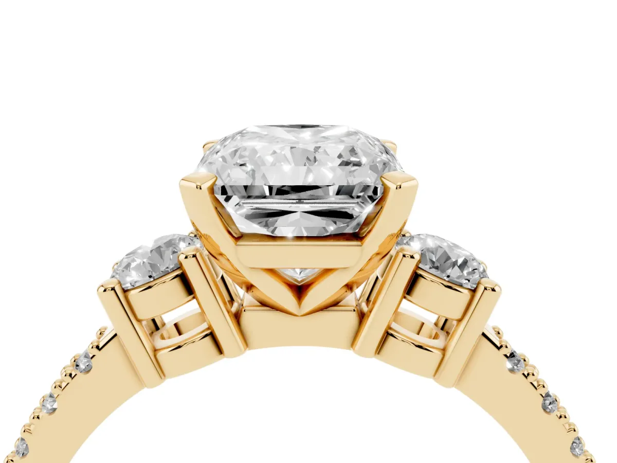 Radiant Cut Three-Stone Diamond Pavé Band with Prong Setting Yellow gold