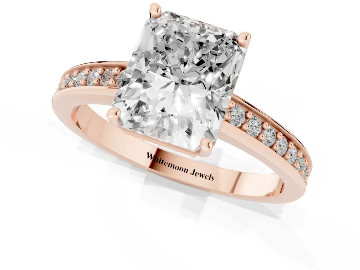 Radiant Cut Solitaire Pavé Band Prong Setting Ring Rose gold
