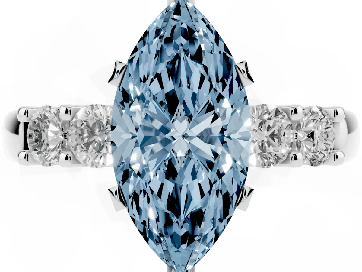 Fancy Blue Marquise Cut Brilliant Cut Diamond Five-Stone Prong Set Engagement Ring with Channel Band Platinum