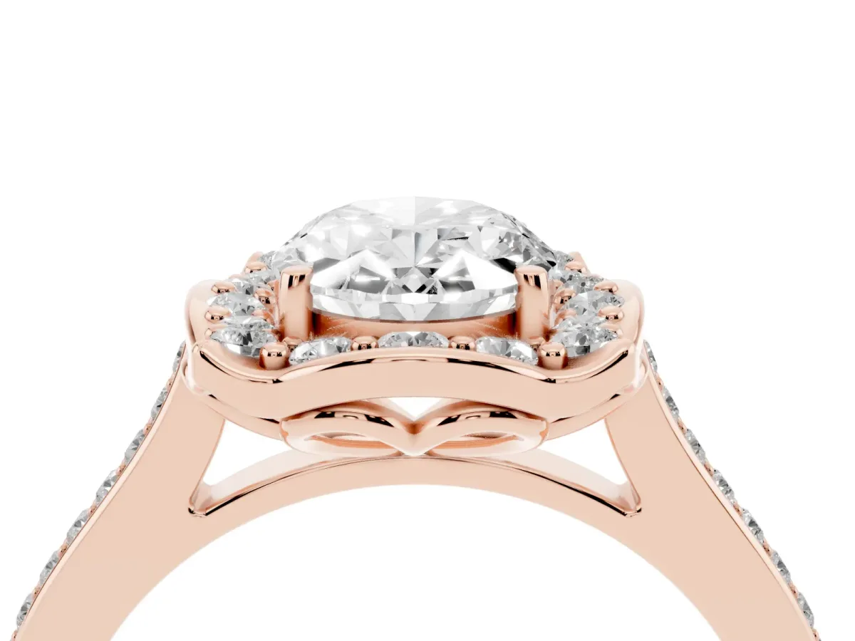 Oval Cut Halo Round Diamond Pave Band with Four-Prong Setting Rose gold