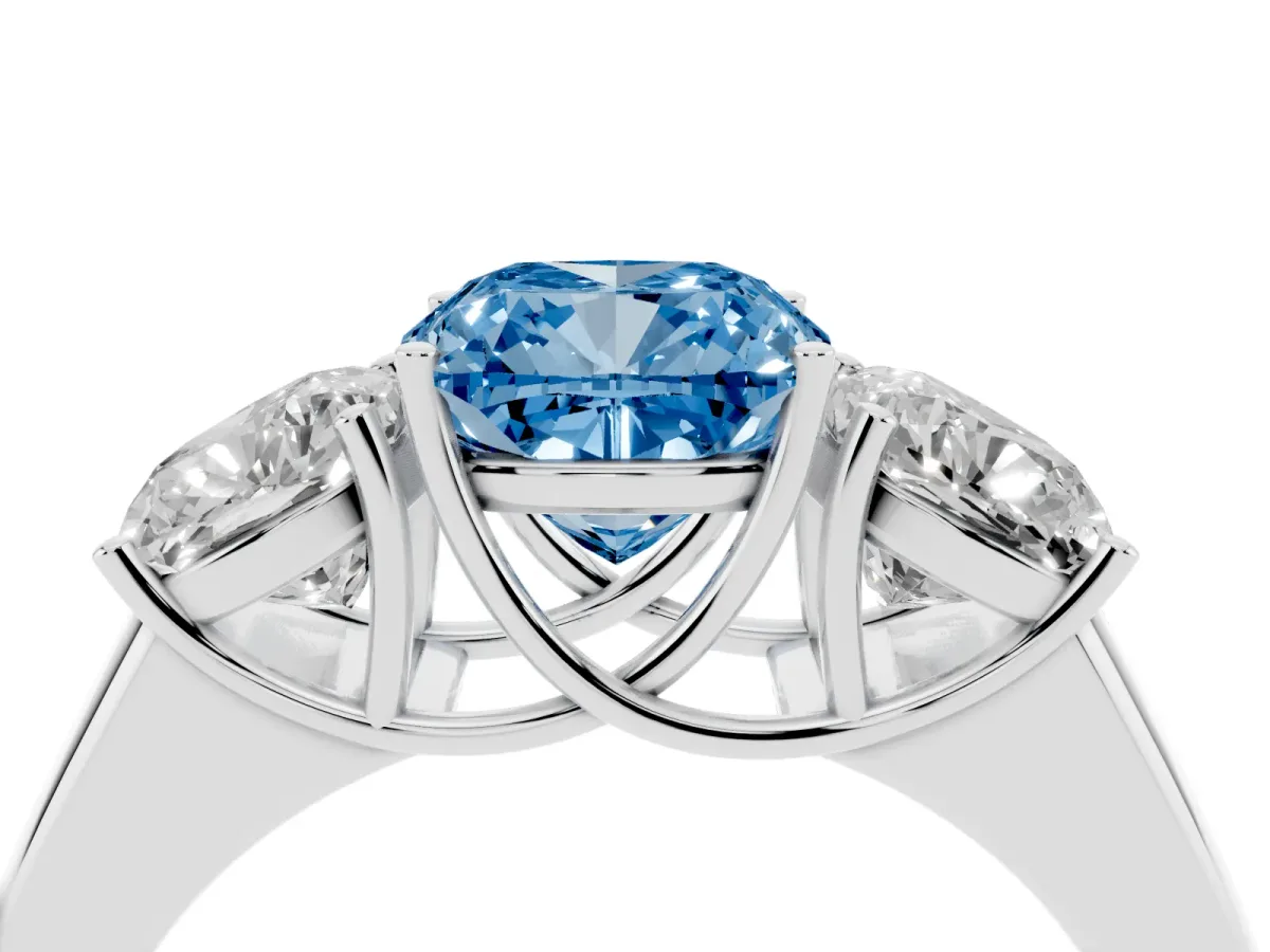 Fancy Blue Three-Stone Cushion Cut Cut Diamond Ring with Prong Setting and Classic Band Silver
