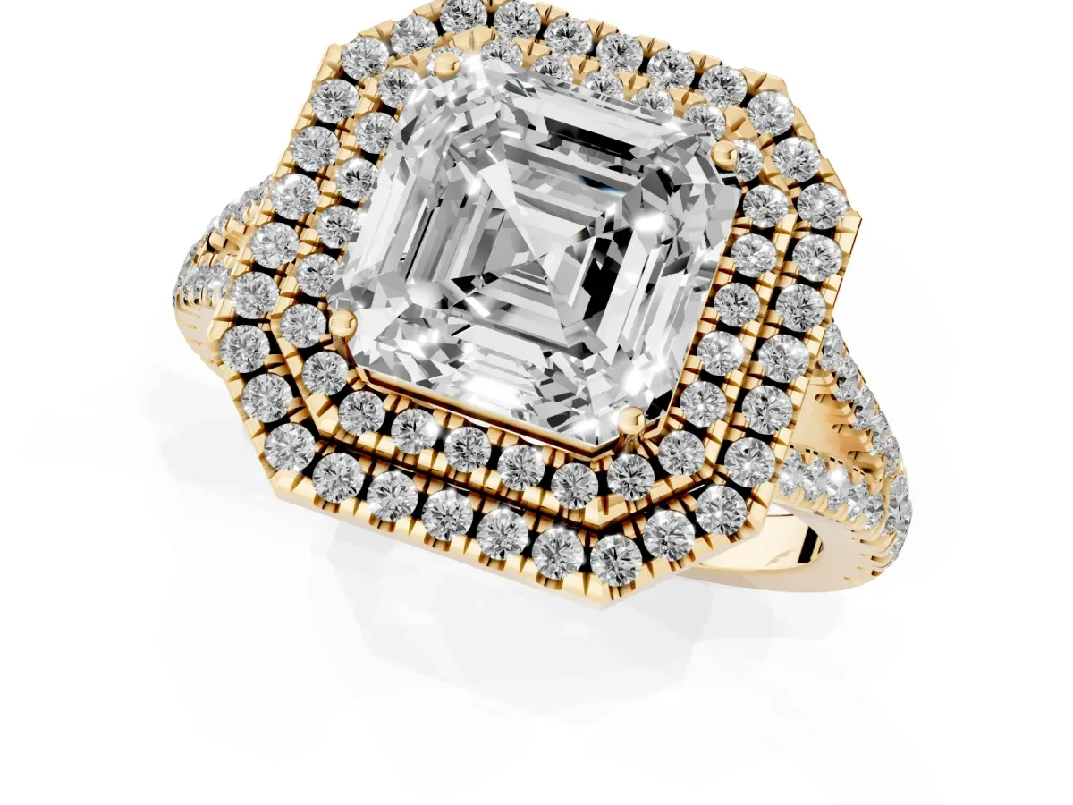Asscher Cut Diamond Double Halo Ring with Pavé Band and Prong Setting Yellow gold