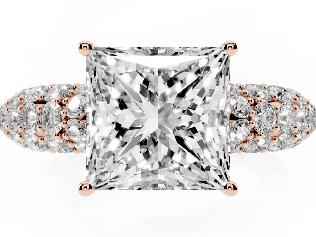 Princess Cut Diamond Pavé Band Solitaire Ring with Four-Prong Setting Rose gold