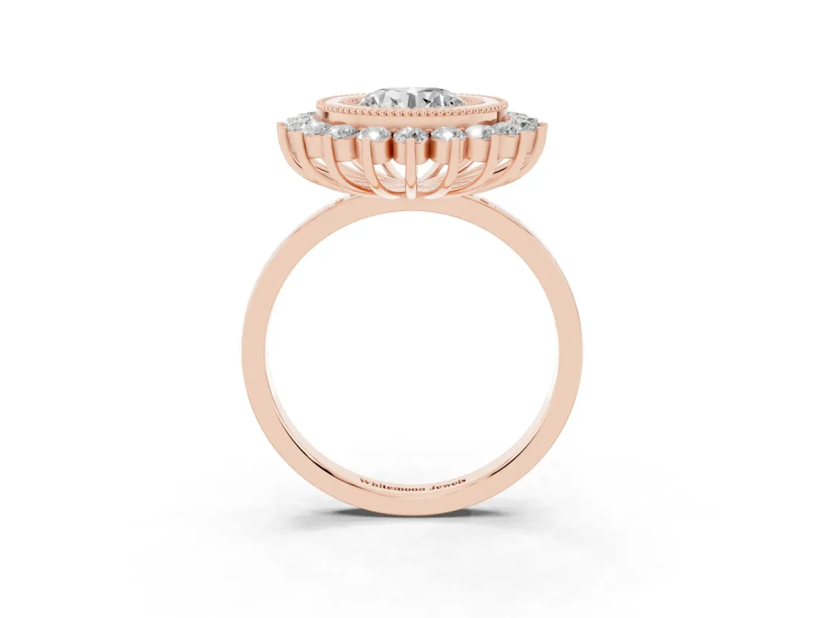 Round Cut Halo Diamond Ring with Milgrain Edge and Round Prong Setting Rose gold