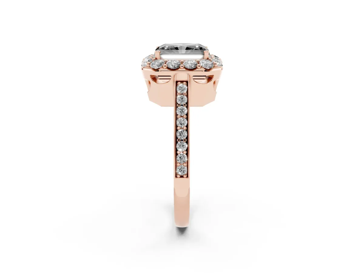 Fancy Black Radiant Cut Diamond Floral Halo Ring with Pavé Band and Prong Setting Rose gold
