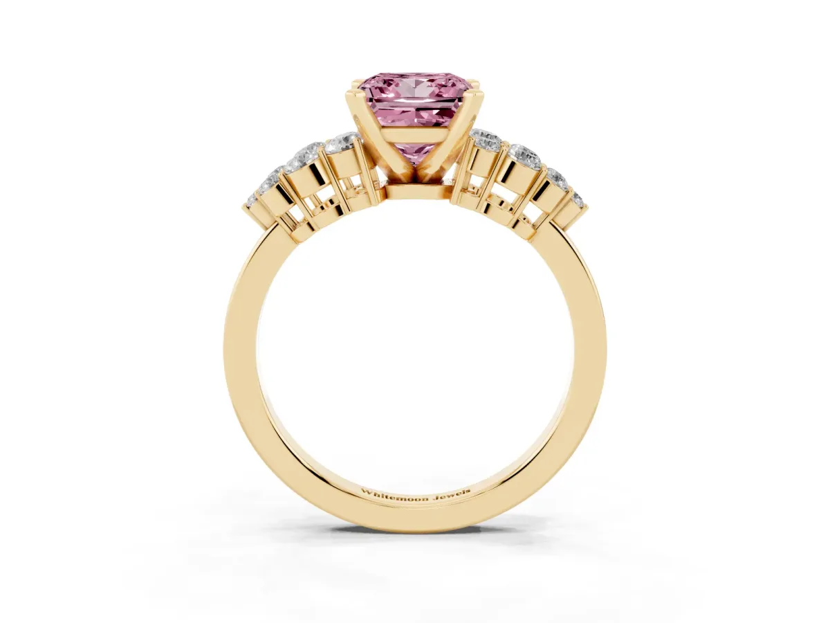 Fancy Pink Princess Cut Cluster Diamond Engagement Ring with Pavé Band and Four-Prong Setting Yellow gold