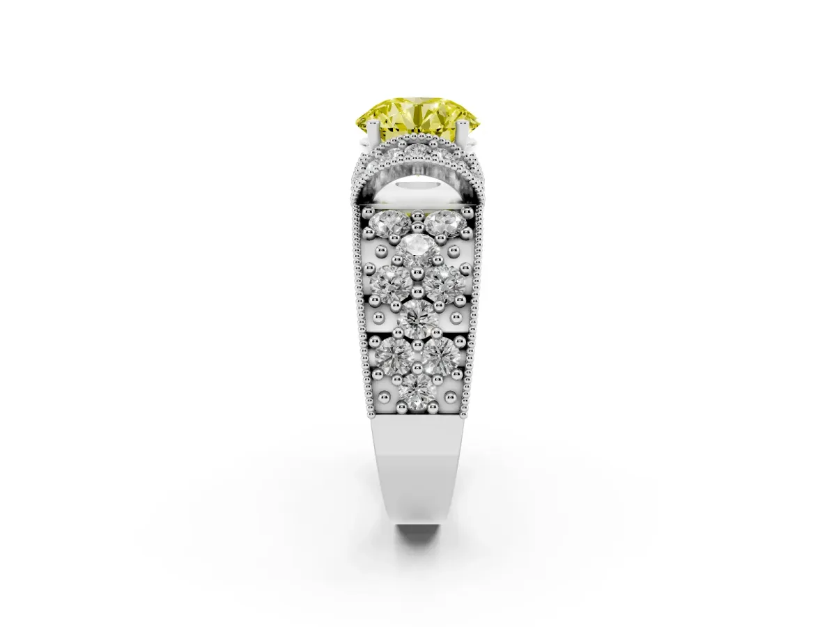 Fancy Yellow Round Cut Halo Pave Diamond Engagement Ring with Milgrain Detailing Silver