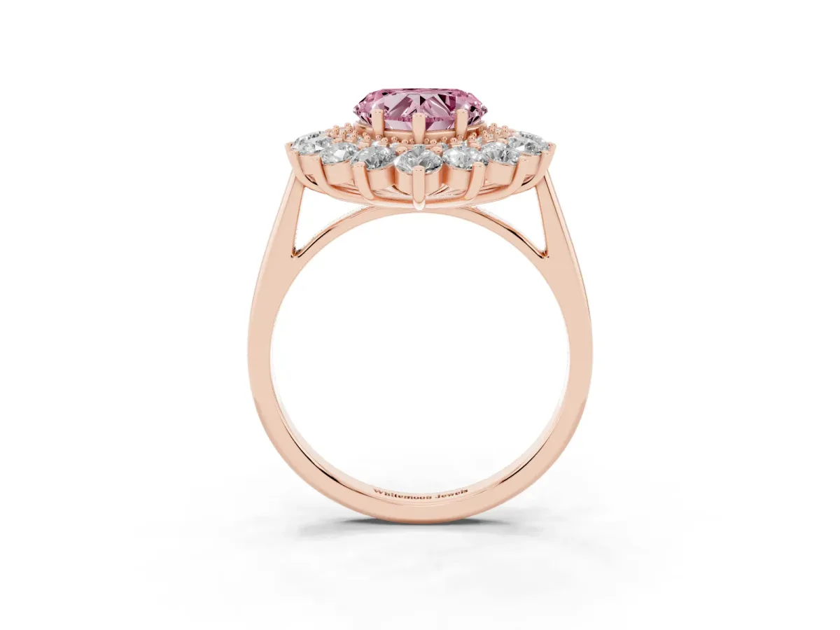 Fancy Pink Heart Cut Diamond Floral Double Halo Engagement Ring with Prong Setting Rose gold