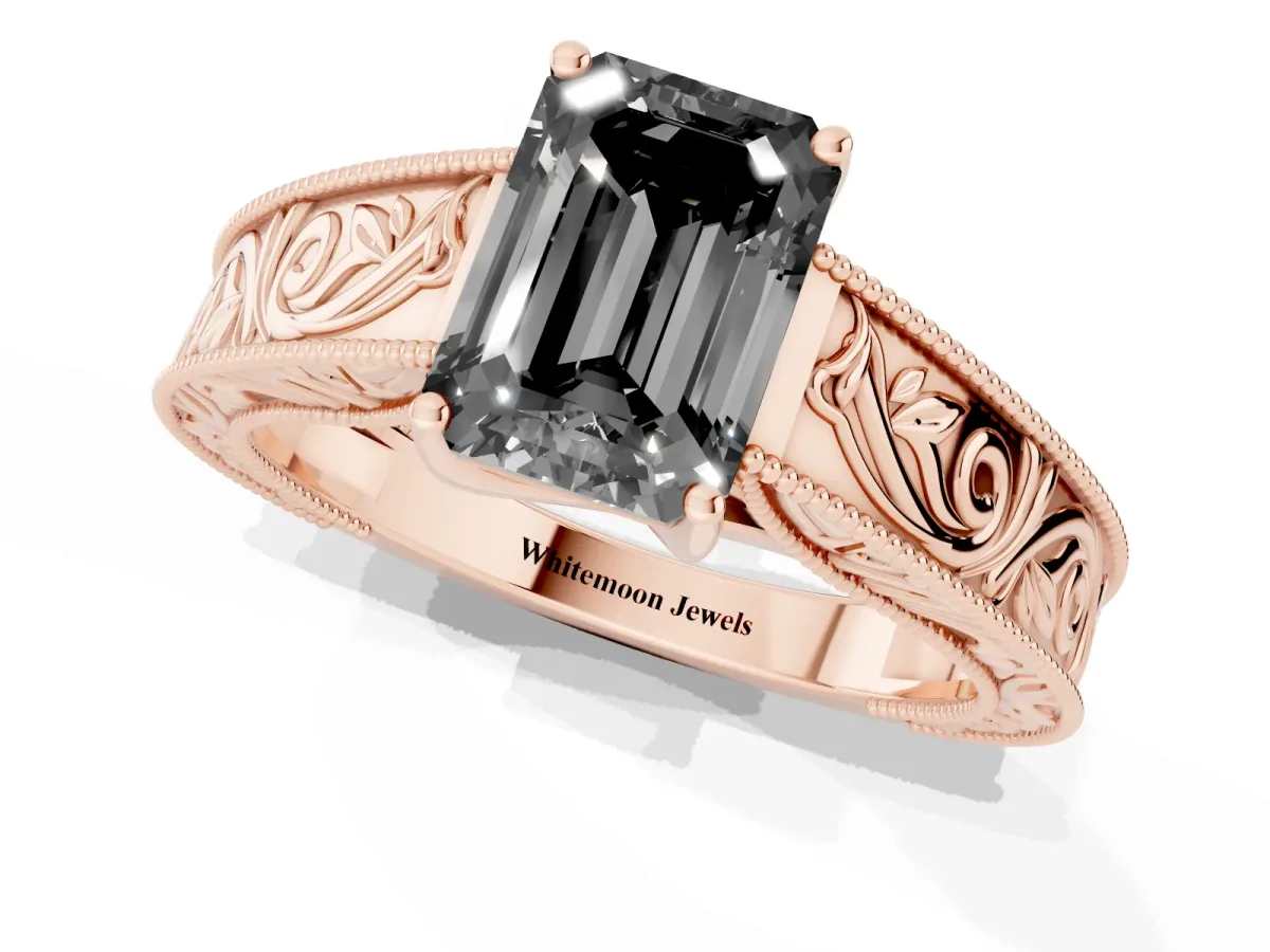 Fancy Black Emerald Cut Diamond Solitaire Ring with Engraved Band and Four-Prong Setting Rose gold