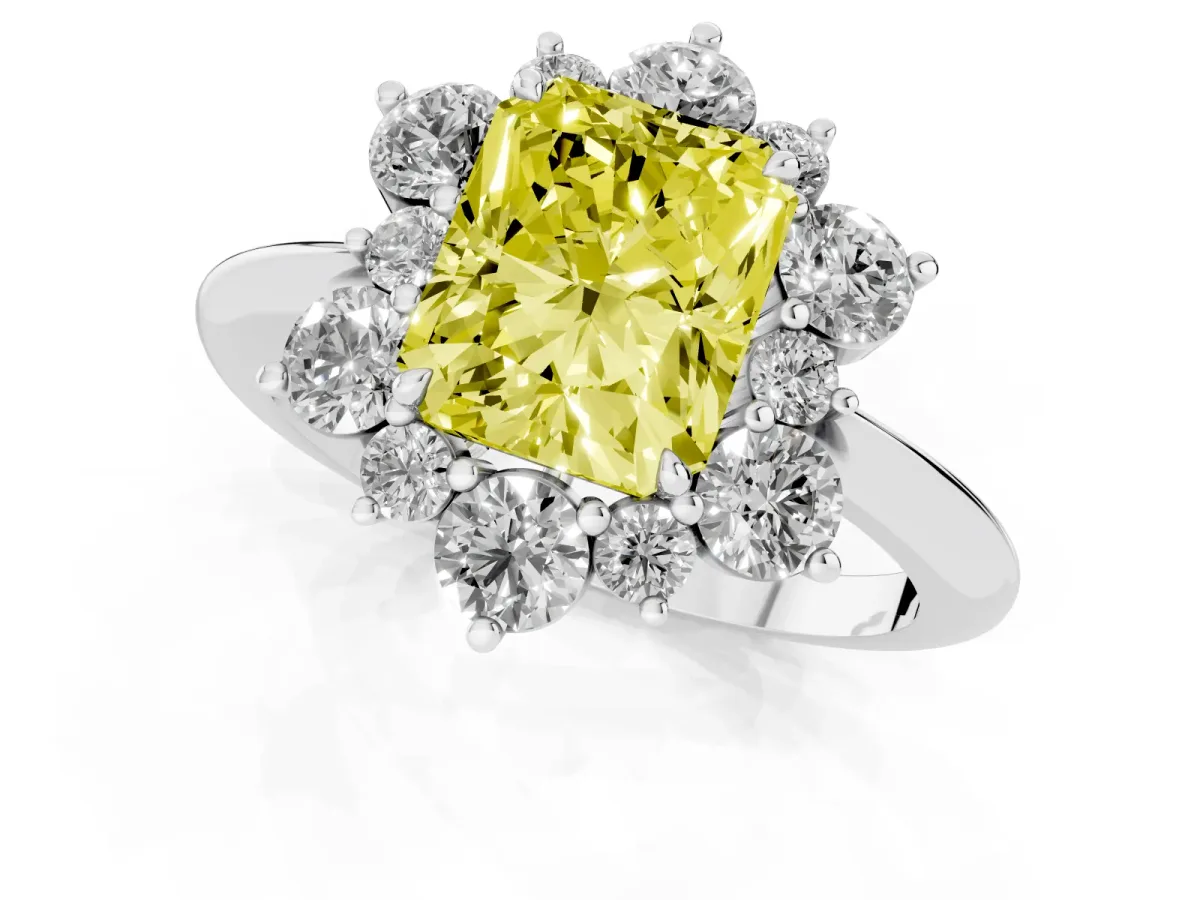 Fancy Yellow Radiant Cut Diamond Cluster Halo Ring with Solitaire Band and Four-Prong Setting Silver
