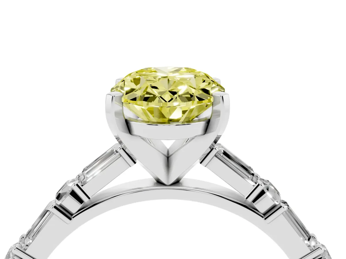 Fancy Yellow Oval Cut Diamond Solitaire with Side Baguettes and Channel Set Band White gold