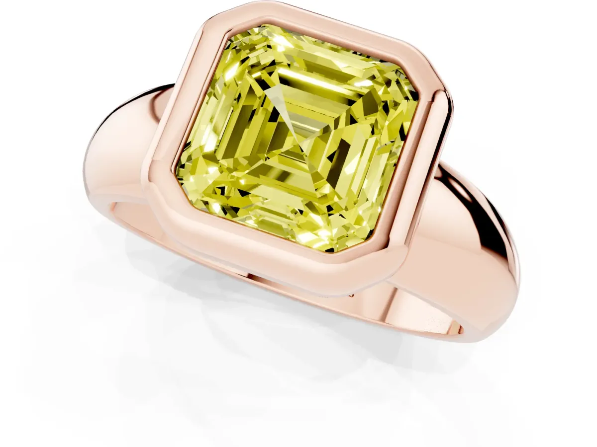 Fancy Yellow Bezel Set Asscher Cut Solitaire Ring with Wide Band Rose gold