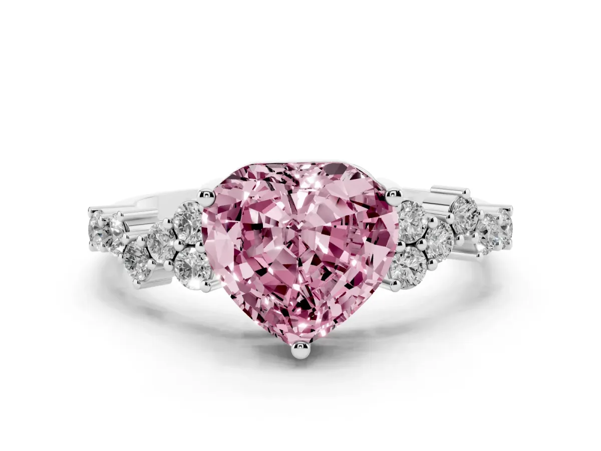Fancy Pink Heart Cut Diamond Scattered Round Accent Ring with Prong Setting White gold
