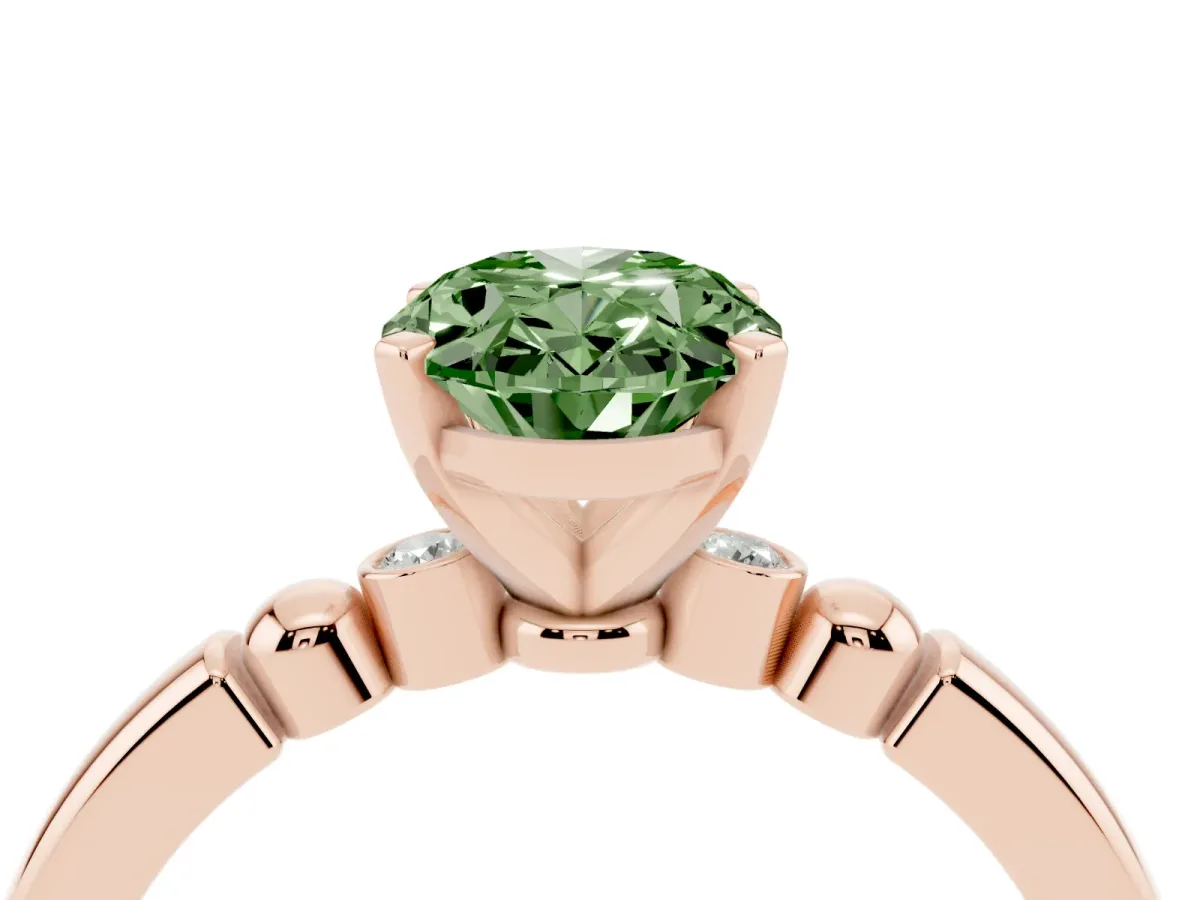 Fancy Green Oval Cut Solitaire Beaded Band with Four-Prong Setting Rose gold